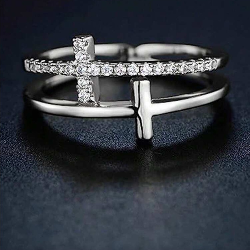 Silver Toned Cross Split Band Ring - Size 6